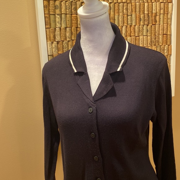 Ann Taylor Black Button Down Cardigan with White Stripes on Collar and Cuffs - Picture 2 of 15